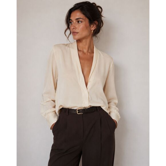 Clio Tops - Vintage Clio 100% Silk Ivory Blouse Women's S Cream Button Front Minimalist